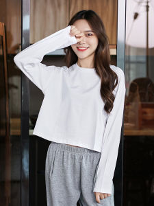 White round Neck Long Sleeve Short Base Shirt Loose Fit Pure Cotton Womens Spring Autumn New Style T-Shirt Korean Version