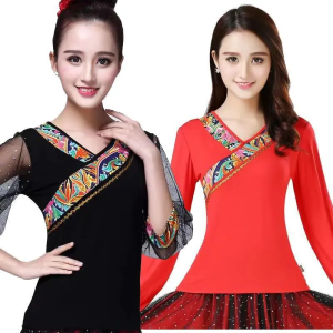 Long Sleeve Dance Outfit Short Sleeve Lantern Sleeve Square Dance Clothing Top for Women Slim Fit Performance Dancing Clothes