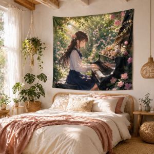Hoa Anh Đào Hoàng Hôn Hoa Anime Tấm Thảm Mềm Mại Thẩm Mỹ Treo Tường Chăn Cho Bé Gái Phòng Ngủ Ký Túc Xá Trang Trí Sợi Polyester