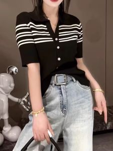 HUOLISI | Striped Knit Short Sleeve Polo Shirt Female Slim Fit Straight Shoulder White