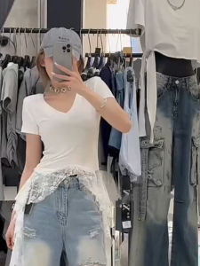 BINKAFENNY | Pure Desire Spicy Girl Lace Patchwork V-neck Short Sleeve T-shirt Women Summer Slim Irregular Hem Short Style Body Shirt