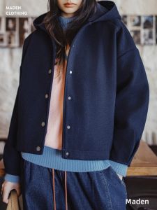 MADEN | Áo Khoác Nữ Dày Vải Len Xanh Navy Cổ Liền Mũ Phong Cách Retro