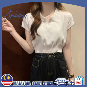 【Ready Stock】Korean Kintted Tops Retro Solid Color Thin Knit Short Cropped Top for Woman