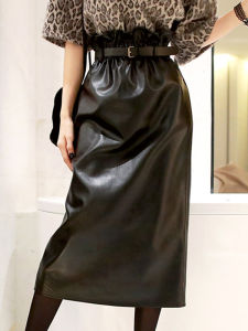 Elegant Leather Half Skirt Spring Fashion Bouffant Womens High Waist Straight Cut Slimming Elastic Pleated Mid-Length Special Offer