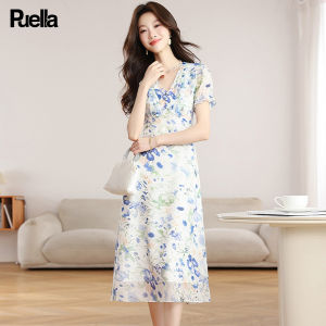 puella | White Floral and Blue Flower Print Waist-cinched Puff Sleeves Summer Dress