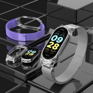 For Xiaomi Mi Band 3/4/5/6/7/8 Milanese Magnetic Strap + Transparent PC Protective Case Band Xiaomi Mi Band 8/7/6/5/4/3 Strap