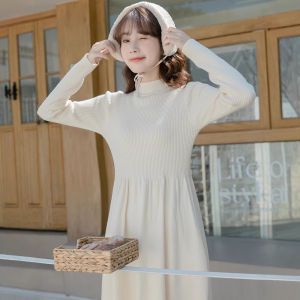 ชุดเดรสถักสีขาวสำหรับผู้หญิง ชุดกระโปรงยาวฤดูใบไม้ร่วง/ฤดูหนาว ชุดด้านในเสื้อสเวตเตอร์สไตล์ฝรั่งเศส แขนยาว ปกติ
