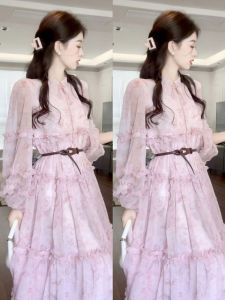 Pink Floral Print Chiffon Womens Dress Waist-Cinching A-Line Skirt Long Sleeve Commute Style Unique Beautiful Tea Break Dress