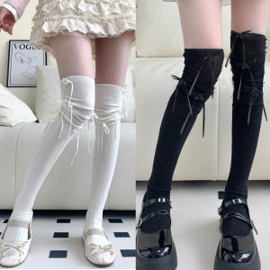 Lolita Long Socks Ribbon Bow Knee High Socks Sweet Girls Stocking Ballet Style Solid Color Socks Knitted Boot Socks Spring Warm JK Socks