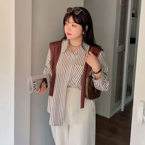 Striped Shirt 2023 Autumn New Style plus Size Korean Version Commute Fashion Lazy Style Shoulder Shawl Top for Fat Women