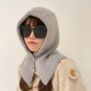 Fashionable Knitted Hat Womens Hooded Balaclava Scarf Two-in-One Winter Cap Trendy round Top No Brim Casual Style for Couples