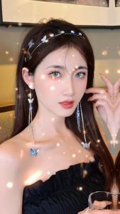 Korean Women Pearl Diamond Hair Band Butterfly Tassel Hairbands Fairy Beauty Hair Hoop Earrings