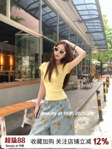 Pure Color Short Sleeve T-Shirt Women Summer 2025 New Basic Short Design Korean Style Denim Pants Set Sweet And Spicy Style