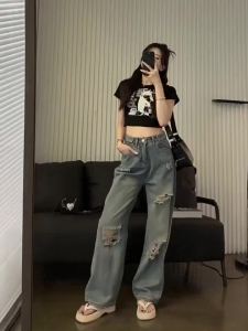 American Vintage Hole Y2k Women Jeans High Waist Jeans Wide Leg Baggy Loose Straight Hip Hop Streetwear Dragging Denim Pants