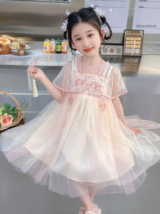 Princess Style Hanfu Dress Summer New Arrival Childrens Fashionable Girls Dress Sweet Style Mesh Material Short Sleeve mid Waist