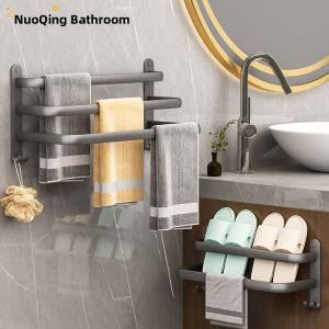 Wall-Mount Drill-Free Black Aluminum Bathroom Towel Rack