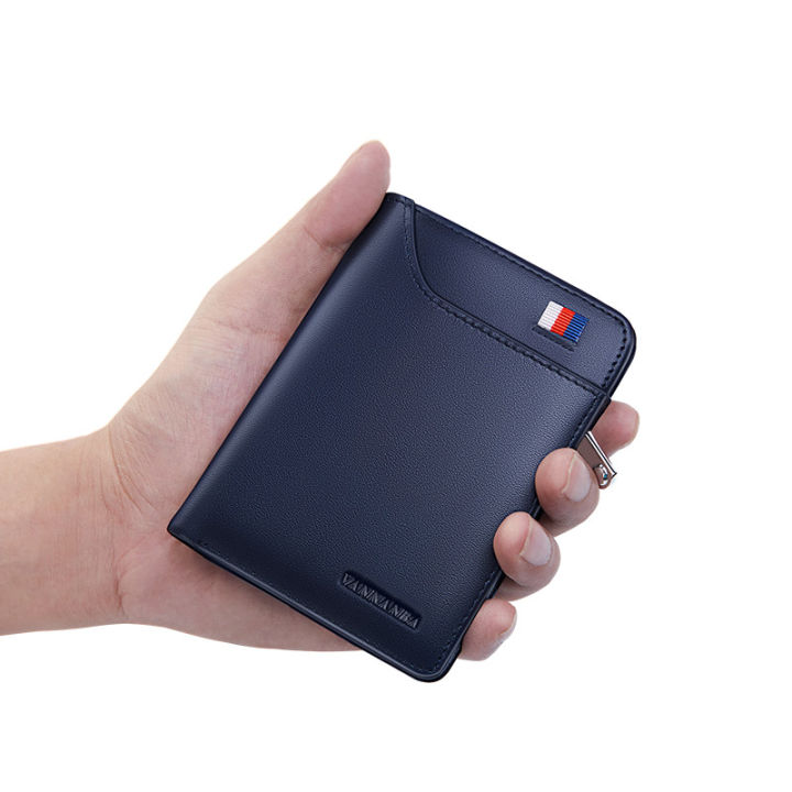 VANNANBA Wallet for Men Leather Genuine  Card Holder with Zipp Coin Pocket Black Blue