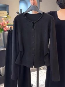 Elegant Black T-Shirt Slimming Loose Fit Versatile Spring Season Casual Wear round Neck Long Sleeve Single Button Closure