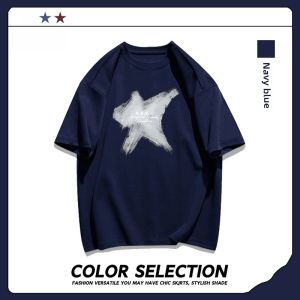 Trendy Cool Handsome Five-Pointed Star Print Short Sleeve T-Shirt Mens Summer Loose American High Street Pure Cotton Half Sleeve Boys Tops
