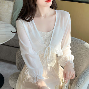 Áo Khoác Lụa Chống Nắng Mùa Hè Áo Len Cardigan Cổ Chữ V Tay Dài Không Tay Áo Khoác Ngoài Cho Nữ Áo Khoác Ngắn Áo Sơ Mi Voan