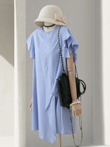 Summer New Style Womens Shirt Dress Blue Stripes Loose Waist Korean Version Conceal Meat Slimming Effect 4U4U Irregular Design