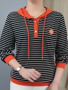 QIAOXIZI | Loose Fit Slimming Hooded Long Sleeve T-shirt for Women