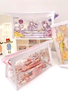 PVC Pencil Case with Animal Designs Purple Pink Brown Transparent Large Capacity