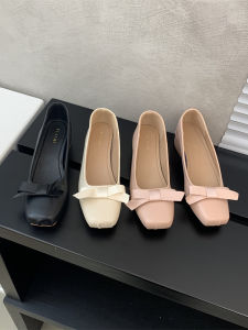 Elegant Commuter Womens Shoes French Mid Heel Square Toe Bow