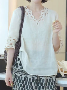 Shalldoer | French Heavyweight Hollow Out Short Sleeve V-neck Womens Shirt Summer New Pure Color Elegant Fashionable Top Quality Commute Style