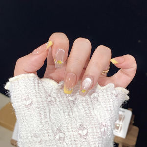 Handmade Wearable Nail Art Stickers Yellow Flower Summer Freshness Cats Eye Dry Flower French Style White Enhancing Nail Tips