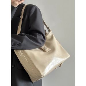 Womens Large Capacity Tote Bag Underarm Crossbody Bag Double Strap Design Commuter Soft Surface Pure Color Korean Style