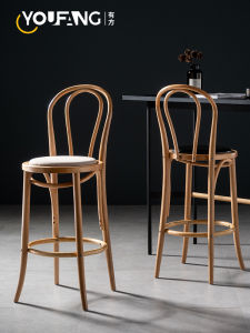 Scandinavian Solid Wood Bar Stool Dining Chair Japanese Style Creative Woven Rattan Backrest Bar Stool For Home Designer Retro High Leg Chair