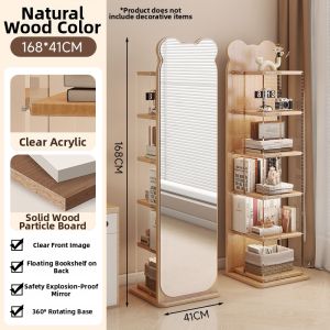 Rotatable and Movable Wooden Full-body Standing Mirror with Storage and Bookshelf