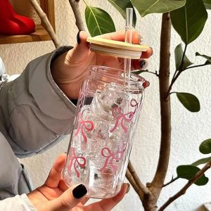 500ml/16oz Transparent Tumbler Pink Bow Flower Sticker Drink Juice Cup Suitable For Hot And Cold Drinks In Summer G3V4
