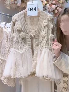 เสื้อสเวตเตอร์ถักผู้หญิง คาร์ดิเกน Set นุ่ม ลูกไม้ เสื้อสเวตเตอร์ประกบlazy Style ฤดูใบไม้ผลิ สินค้าใหม่ ผู้หญิง แขนยาวคอวีสีบริสุทธิ์