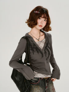 Retro American Print Fake Two-Piece Slim Fit Hooded T-shirt