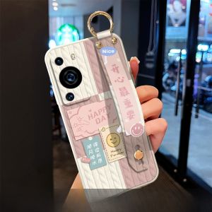 Huawei P60 pro E Soft Silicone Wristband Stand Protective Case Anti-Fall Full Edge Lens Protection Couple Crossbody Neck Rope Strap Plaid Style