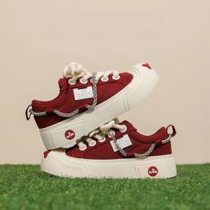 รองเท้าผ้าใบผู้หญิง Shug X Qinda Casual Red Thick Bottom Collaborative Canvas Shoes รองเท้าลำลองสวมใส่สบาย
