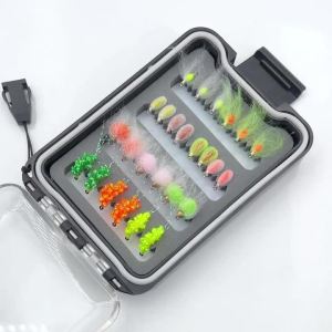 Bimoo 26pcs #12 #14 UV Glow Salmon Egg Roe Fly with Brass Bead Trout Steelhead Fishing Flies Lures Box Set Orange Chartreuse Red
