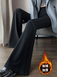 Black Fleece Lined Thickened Pants High Waist Slim Fit Wide Leg Suit Pants Womens Autumn Winter Long Pants Commute Style