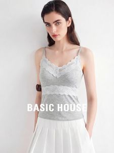 Basic House | Gray Lace-spliced Sleeveless Top V-neck