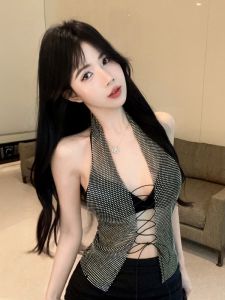 GUZILIAN | Áo vest lưới dây cạp cao gợi cảm Pure Desire thiết kế độc đáo thời trang Áo hở vai cài nút khoét đá Rhinestone phong cách Hàn Quốc