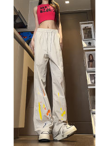 กางเกงลำลองชายฤดูร้อน กางเกงขายาวลายการ์ตูนสีขาว ทรงหลวม ทรงตรง ทรงหลวม กางเกงขายาวทรงหลวมสำหรับเล่นกีฬากลางแจ้ง