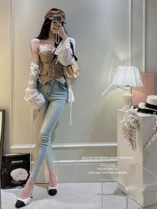 High Waist Denim Slim Fit Pants Womens Elastic Korean Style Light Blue Nine Points Slimming Leggings Autumn Cotton Stretch