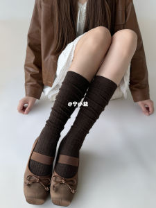 Ning Xiao Yi Womens Mid-Calf Knitted Socks Vertical Stripes Slimming Grey Autumn Winter Spring Leggings Comfortable Home Socks