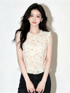 SHUAIYUE | Áo Thun Không Tay Phong Cách Nước Pháp Họa Tiết Hoa Ngọt Slim-fit Size Nhỏ