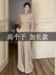 Tall Womens Autumn High Waist Wide Leg Pants One Shoulder Top plus Length Fashion Set Korean Style Commute Polyester Fiber