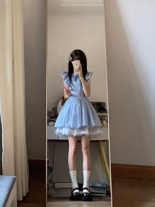 Váy Chữ a Màu Xanh Lam Kẻ Caro Kiểu Pháp Cho Nữ Mùa Xuân Hè Váy Ngắn Phong Cách Công Chúa Váy Ngắn Kiểu Bánh Tròn