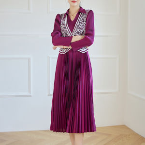 NOVA quality⭐One person one pleat ⭐ Miyake fold original design temperament lapel long sleeve fake two splicing new dress slim pleated skirt