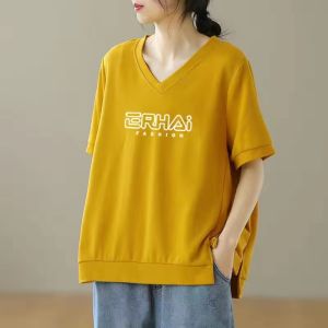 Pure Cotton plus Size Short Sleeve T-Shirt Summer New Korean Loose Slimming Belly Covering V-Neck Printed Womens Top